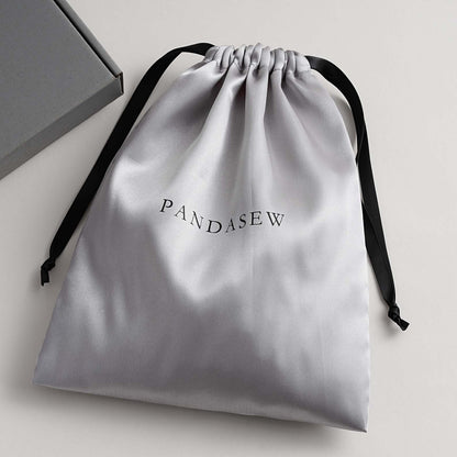 Gray satin bag with personalized logo. It is glossy. Logo is silkscreen.