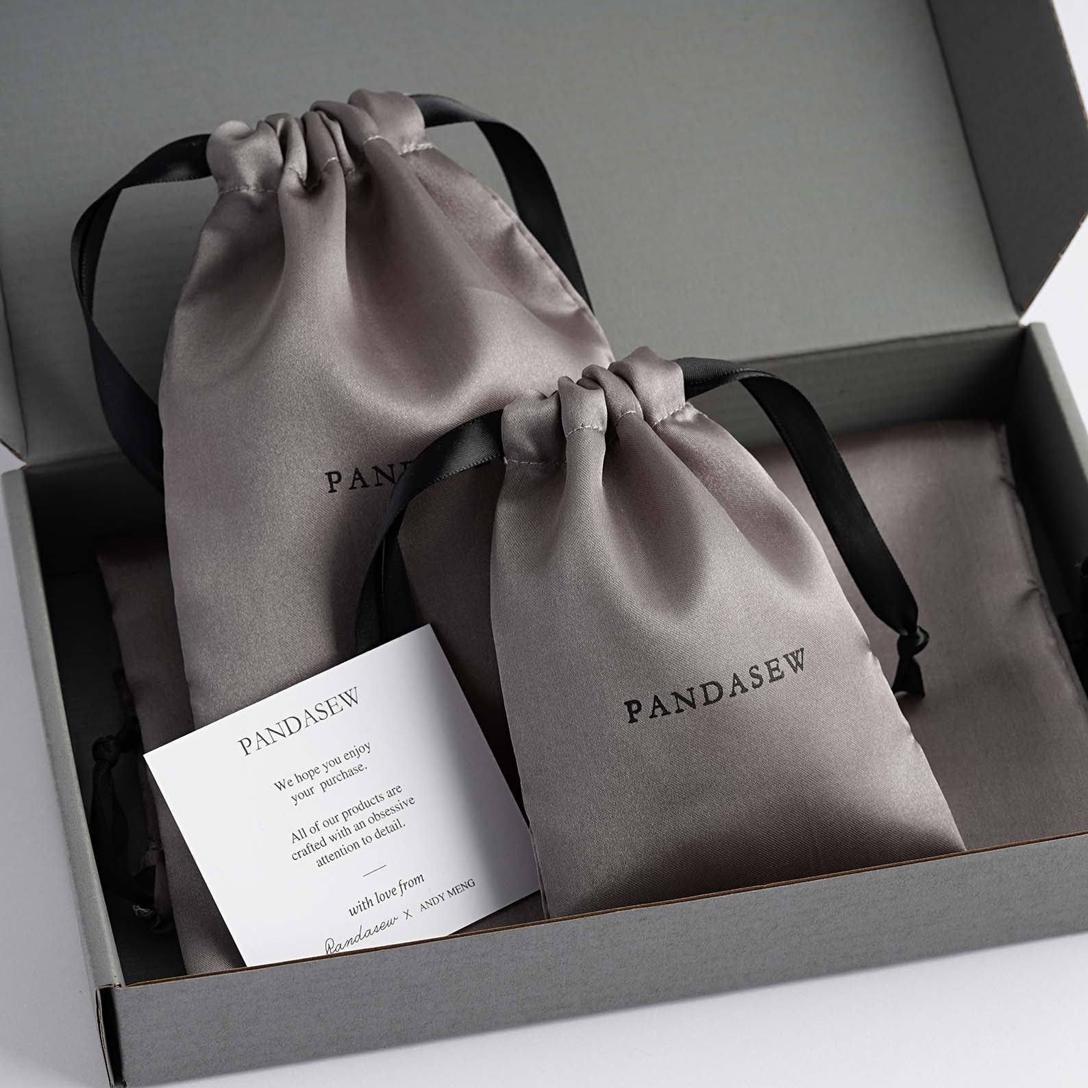 dark grey color satin bag with black smooth satin ribbon, customized paper box and card for jewelry