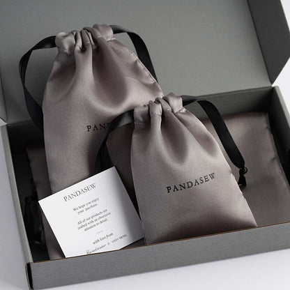 dark grey color satin bag with black smooth satin ribbon, customized paper box and card for jewelry