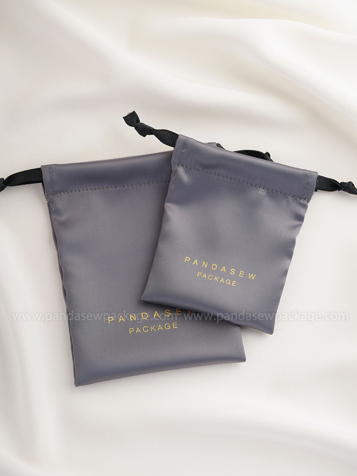 gray satin gift bag with pesonalzied logo