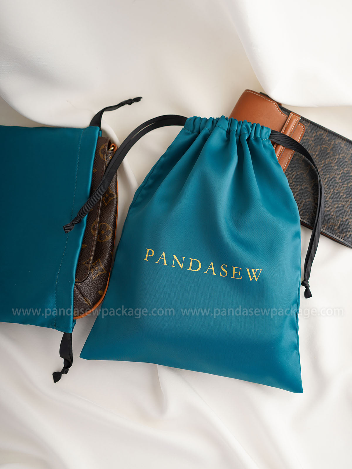 Blue large satin drawstring bag print logo