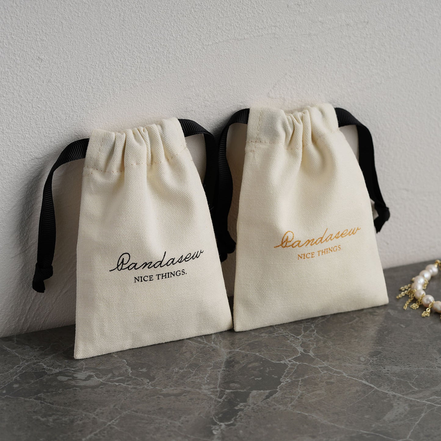 cotton canvas drawstring bag with black printed logo, pure cotton fabric bag