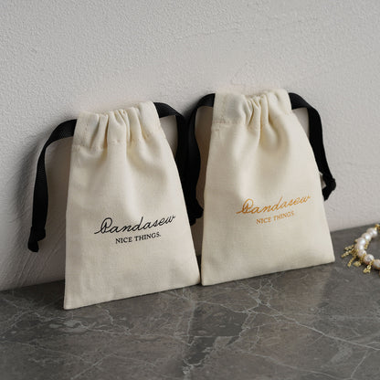 cotton canvas drawstring bag with black printed logo, pure cotton fabric bag