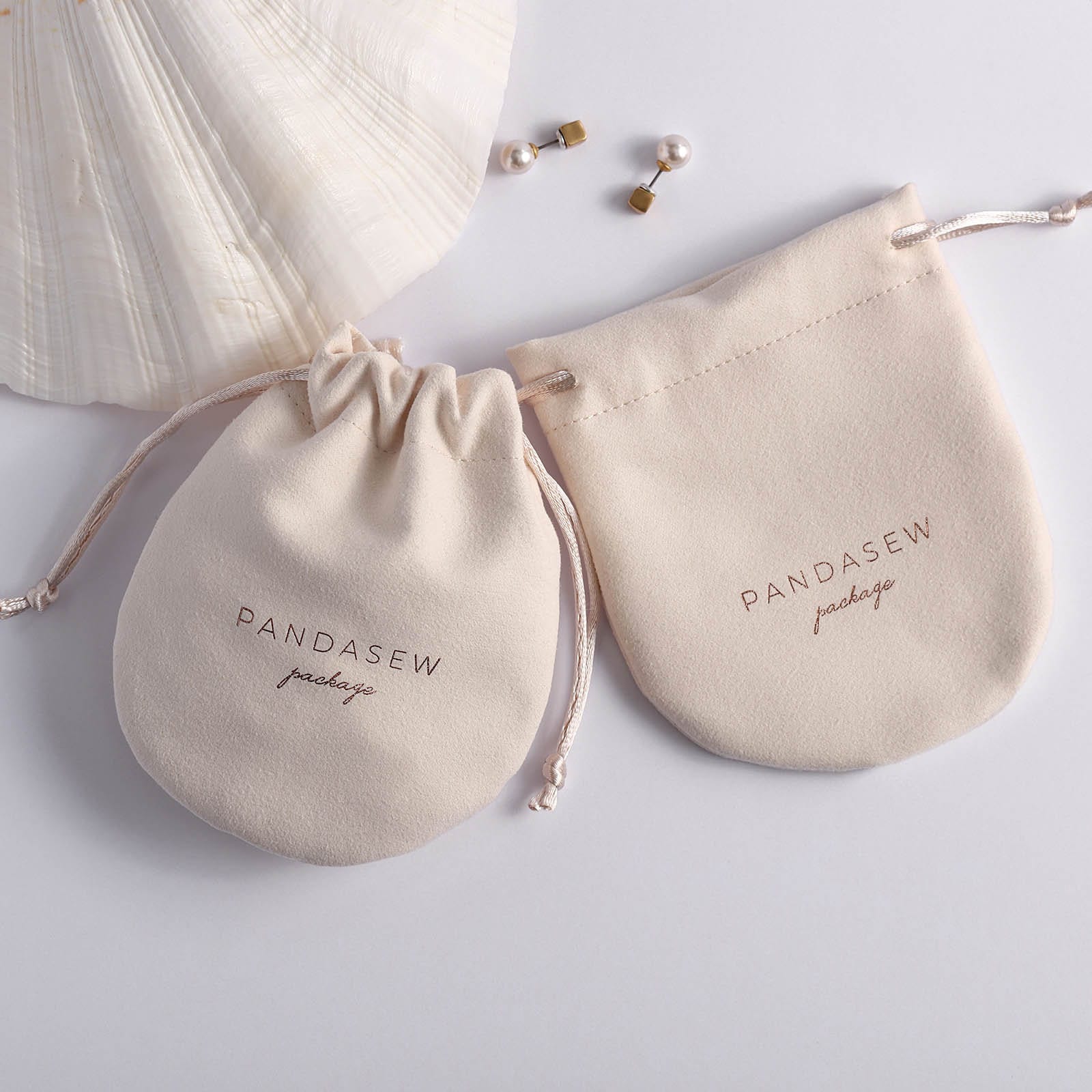 beige velvet bag with nude smooth string drawstring, jewelry packaging