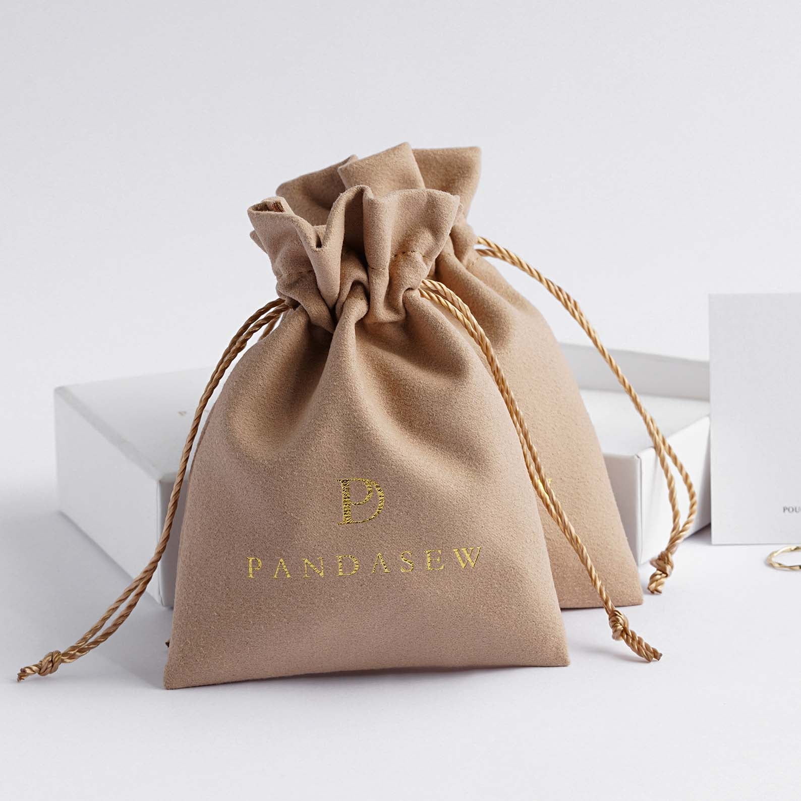 personalized debossed logo drawstring velvet bag in khaiki